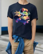 Funny Frog on Skateboard T-Shirt Vibrant Summer Tee - model wearing navy shirt, hands in pockets