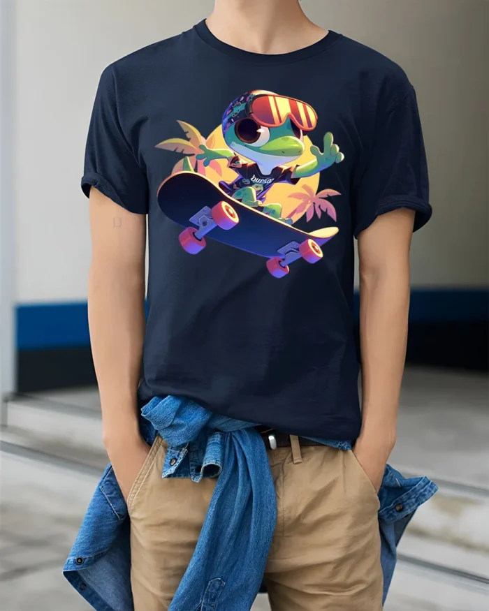 Funny Frog on Skateboard T-Shirt Vibrant Summer Tee - model wearing navy shirt, hands in pockets