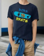 Born to Skate T-Shirt Cool Graphic Tee for Skaters - model wearing navy shirt, hands in pockets