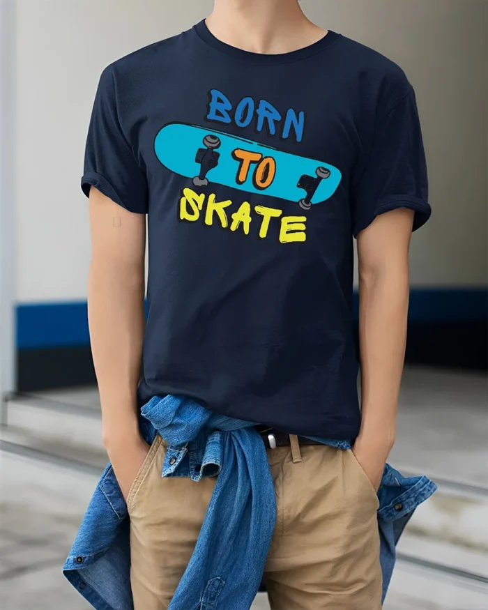 Born to Skate T-Shirt Cool Graphic Tee for Skaters - model wearing navy shirt, hands in pockets
