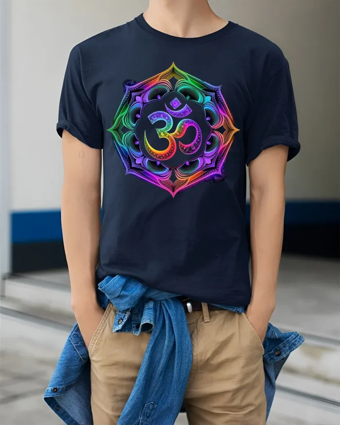 Colorful Om Symbol T-Shirt Chakra Meditation Yoga Zen - model wearing navy shirt, hands in pockets