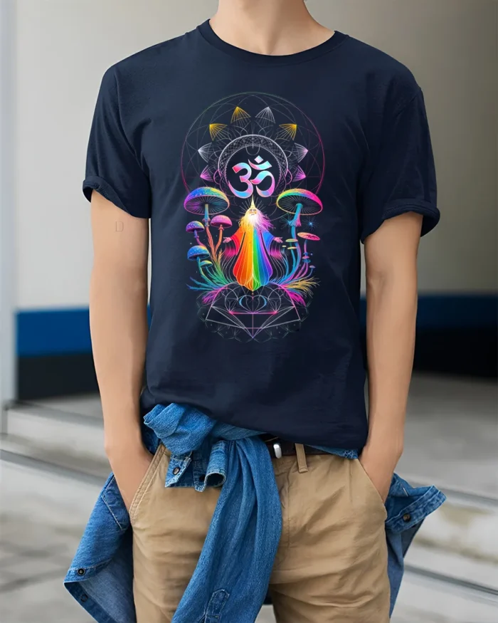 Psychedelic Om T-Shirt Rainbow Shaman Meditation Tee - model wearing navy shirt, hands in pockets