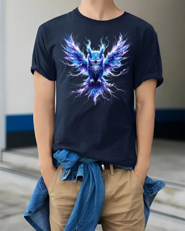 Electric Owl T-Shirt Glowing Bird Graphic Tee for Men - model wearing navy shirt, hands in pockets