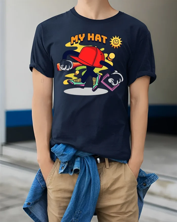Funky Hat Graphic T-Shirt Playful Hip Hop Style Tee - model wearing navy shirt, hands in pockets