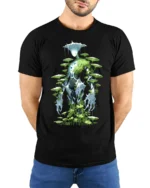 Eco Warrior Alien Forest Spirit Graphic T-Shirt for Men - model wearing black shirt, hands behind back
