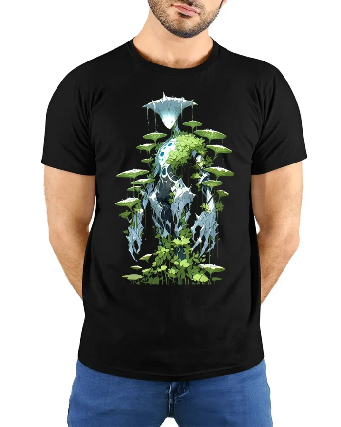 Eco Warrior Alien Forest Spirit Graphic T-Shirt for Men - model wearing black shirt, hands behind back