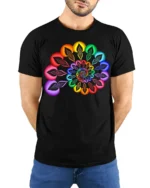 Rainbow Mandala T-Shirt Vibrant Geometric Art Tee - model wearing black shirt, hands behind back