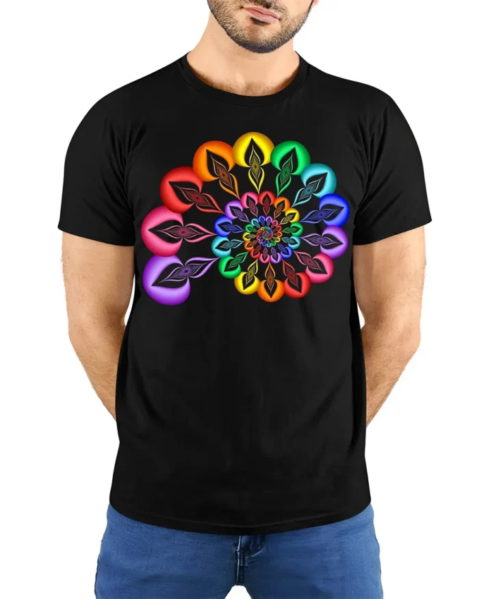 Rainbow Mandala T-Shirt Vibrant Geometric Art Tee - model wearing black shirt, hands behind back