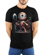 One Eyed Monster T-Shirt Epic Comic Style Graphic Tee - model wearing black shirt, hands behind back