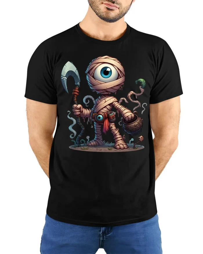 One Eyed Monster T-Shirt Epic Comic Style Graphic Tee - model wearing black shirt, hands behind back
