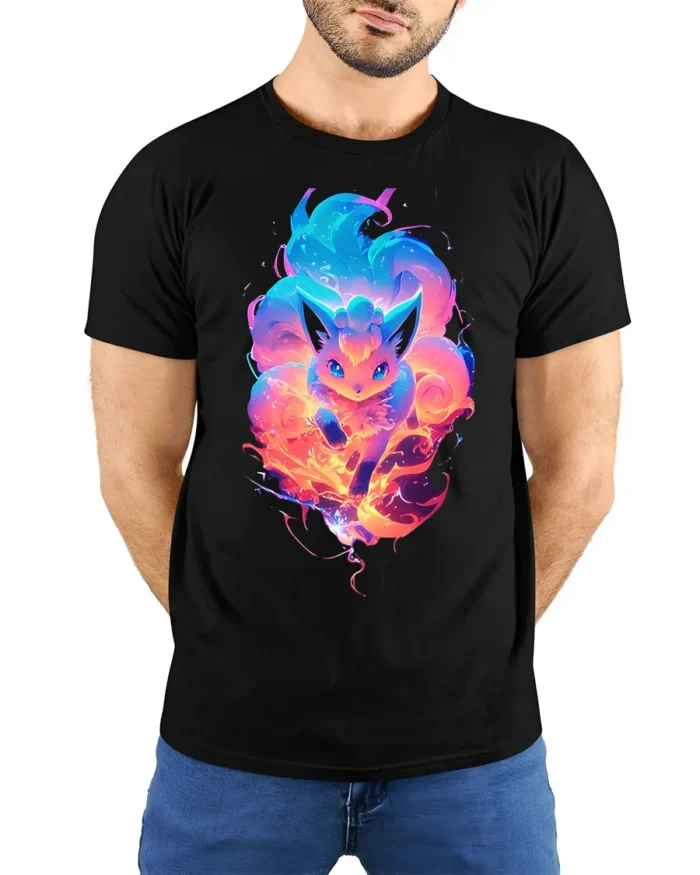Flaming Fox Spirit T-Shirt Glow in the Dark Style Tee - model wearing black shirt, hands behind back