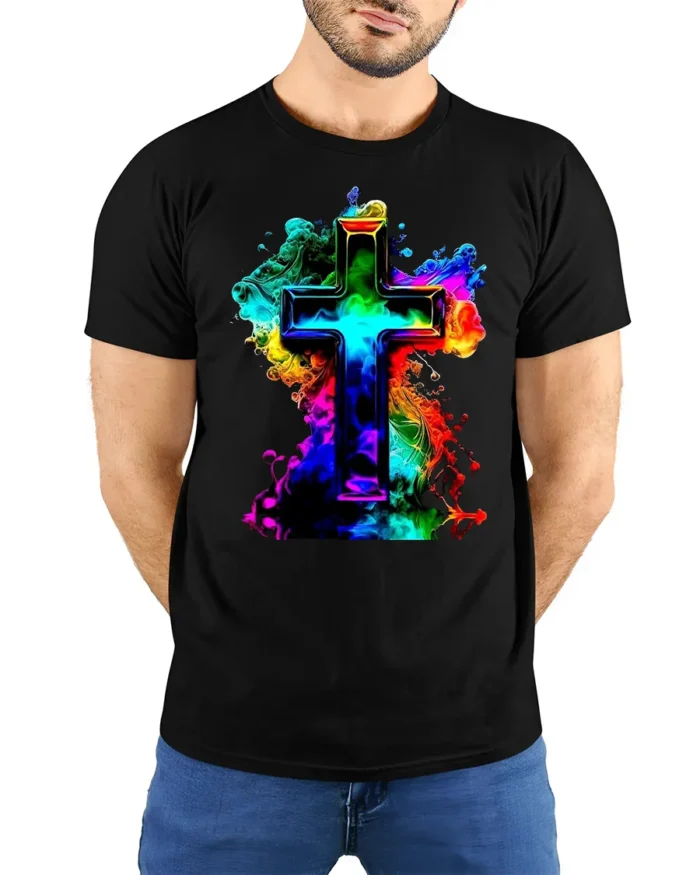 Faith Cross T-Shirt Christian Pride in Rainbow Colors - model wearing black shirt, hands behind back