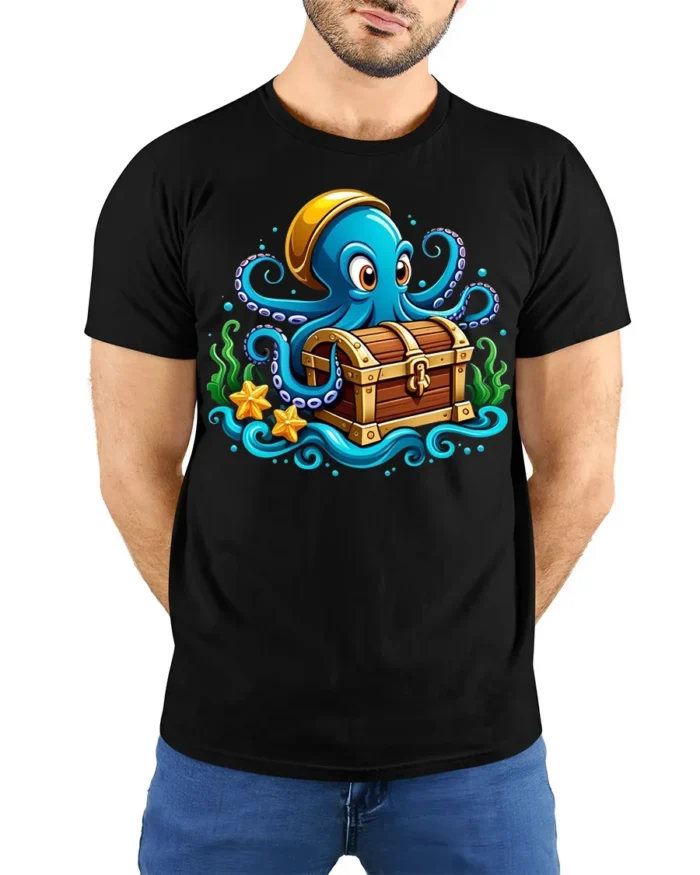 Ocean Pirate Octopus T-Shirt Cute Sea Creature Tee - model wearing black shirt, hands behind back