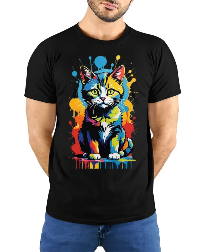 Pop Art Cat T-Shirt Bright Colorful Cat Lover Shirt - model wearing black shirt, hands behind back