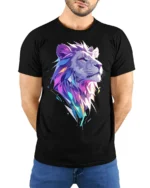 Geometric Lion T-Shirt Bold Graphic Jungle King Tee - model wearing black shirt, hands behind back