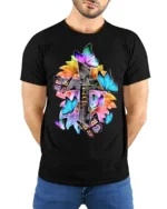 Christian Faith T-Shirt with Cross, Flowers, and Butterflies - model wearing black shirt, hands behind back