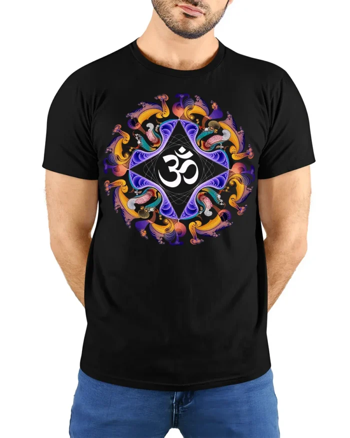 Spiritual Om Mandala T-Shirt Peaceful Yoga Graphic Tee - model wearing black shirt, hands behind back