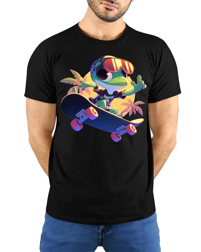 Funny Frog on Skateboard T-Shirt Vibrant Summer Tee - model wearing black shirt, hands behind back