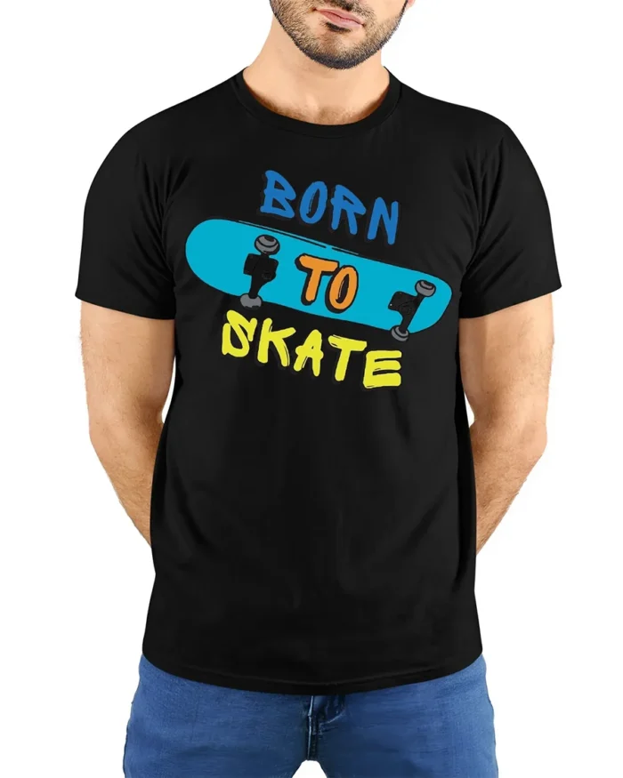 Born to Skate T-Shirt Cool Graphic Tee for Skaters - model wearing black shirt, hands behind back