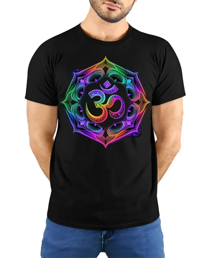 Colorful Om Symbol T-Shirt Chakra Meditation Yoga Zen - model wearing black shirt, hands behind back