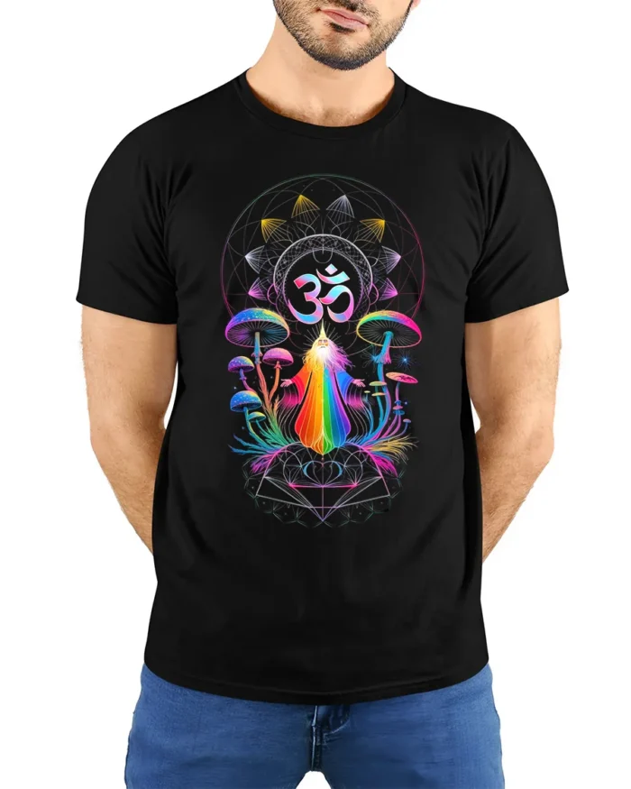 Psychedelic Om T-Shirt Rainbow Shaman Meditation Tee - model wearing black shirt, hands behind back