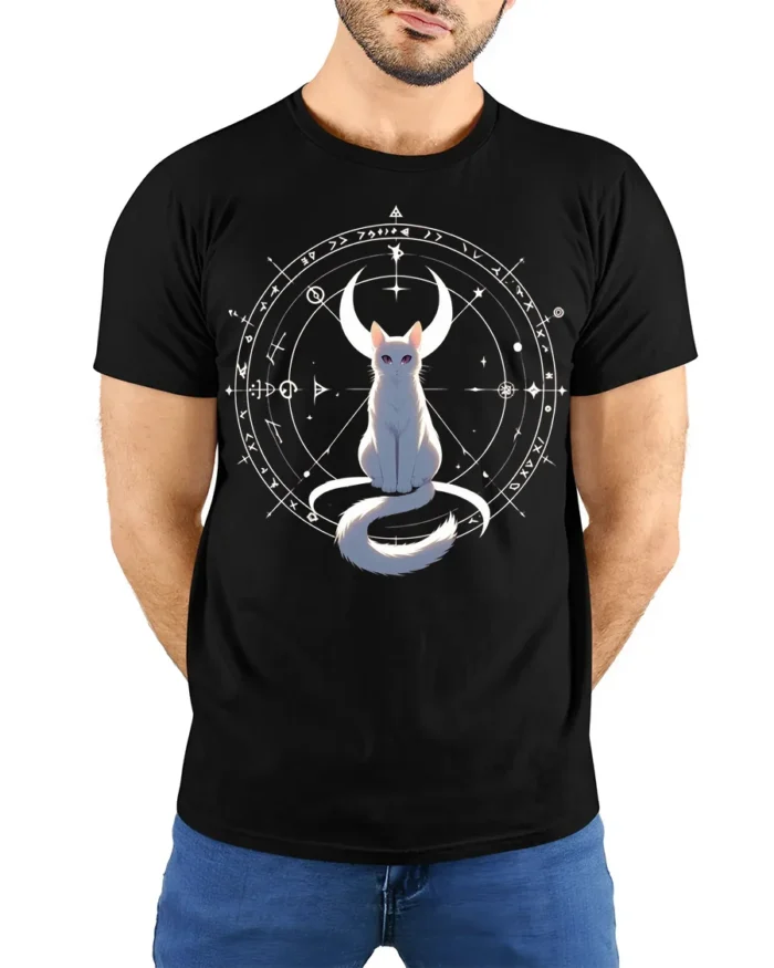 Mystic Cat Moon T-Shirt Celestial Witchcraft Tee - model wearing black shirt, hands behind back