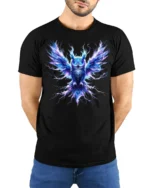 Electric Owl T-Shirt Glowing Bird Graphic Tee for Men - model wearing black shirt, hands behind back