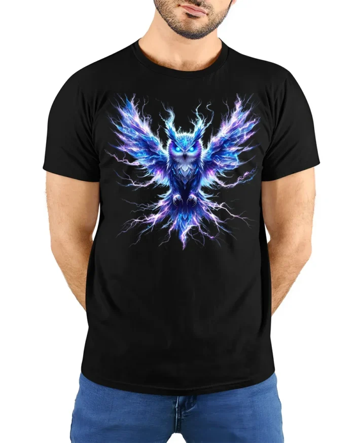 Electric Owl T-Shirt Glowing Bird Graphic Tee for Men - model wearing black shirt, hands behind back