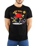 Funky Hat Graphic T-Shirt Playful Hip Hop Style Tee - model wearing black shirt, hands behind back