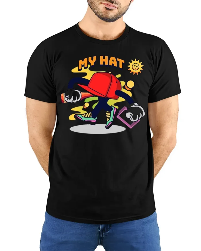 Funky Hat Graphic T-Shirt Playful Hip Hop Style Tee - model wearing black shirt, hands behind back