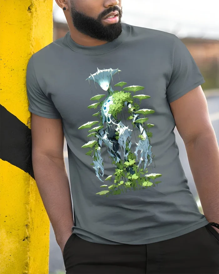 Eco Warrior Alien Forest Spirit Graphic T-Shirt for Men - model in grey shirt leaning against column