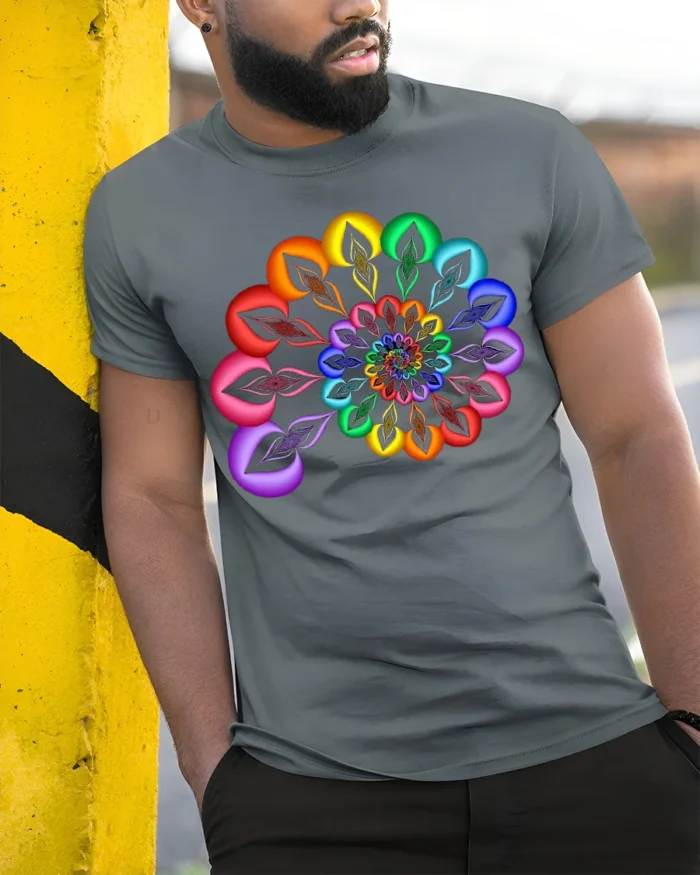 Rainbow Mandala T-Shirt Vibrant Geometric Art Tee - model in grey shirt leaning against column