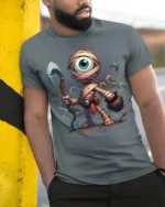 One Eyed Monster T-Shirt Epic Comic Style Graphic Tee - model in grey shirt leaning against column
