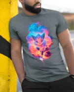 Flaming Fox Spirit T-Shirt Glow in the Dark Style Tee - model in grey shirt leaning against column