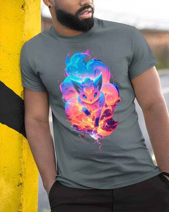 Flaming Fox Spirit T-Shirt Glow in the Dark Style Tee - model in grey shirt leaning against column