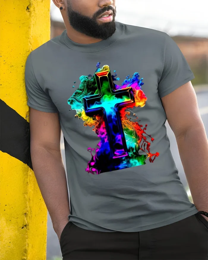 Faith Cross T-Shirt Christian Pride in Rainbow Colors - model in grey shirt leaning against column