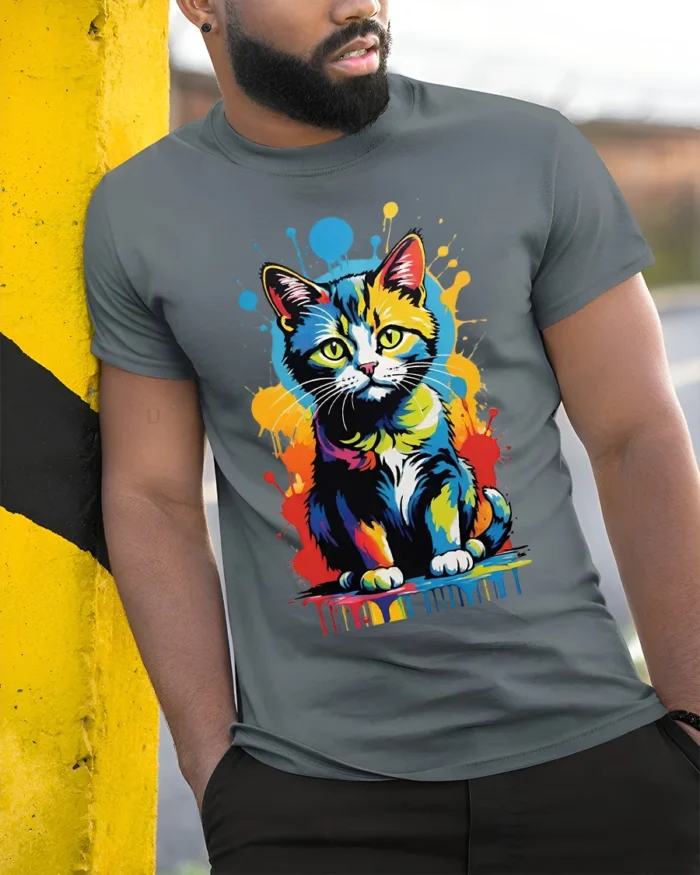 Pop Art Cat T-Shirt Bright Colorful Cat Lover Shirt - model in grey shirt leaning against column