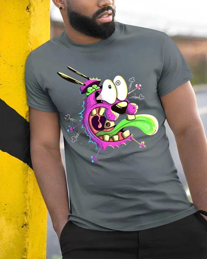 Freaky Monster Face T-Shirt Cool Funny Cartoon Tee - model in grey shirt leaning against column