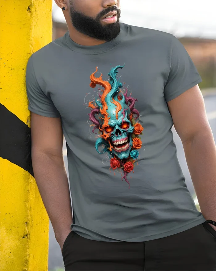 Skull Flame Roses T-Shirt Edgy Rock Style Tee - model in grey shirt leaning against column