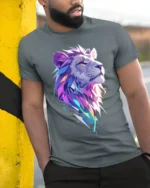 Geometric Lion T-Shirt Bold Graphic Jungle King Tee - model in grey shirt leaning against column