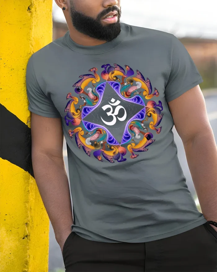 Spiritual Om Mandala T-Shirt Peaceful Yoga Graphic Tee - model in grey shirt leaning against column