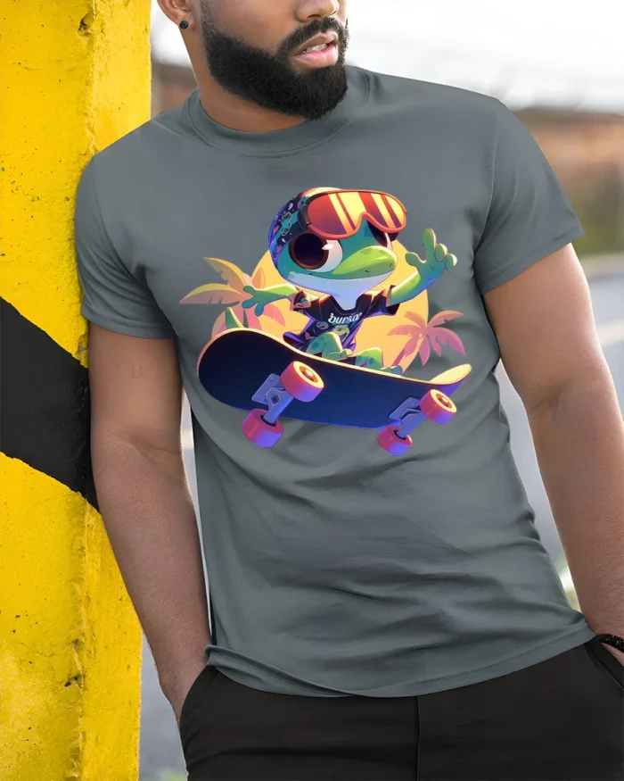 Funny Frog on Skateboard T-Shirt Vibrant Summer Tee - model in grey shirt leaning against column