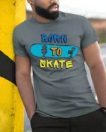 Born to Skate T-Shirt Cool Graphic Tee for Skaters - model in grey shirt leaning against column