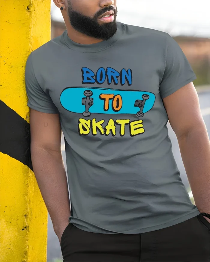 Born to Skate T-Shirt Cool Graphic Tee for Skaters - model in grey shirt leaning against column