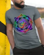 Colorful Om Symbol T-Shirt Chakra Meditation Yoga Zen - model in grey shirt leaning against column
