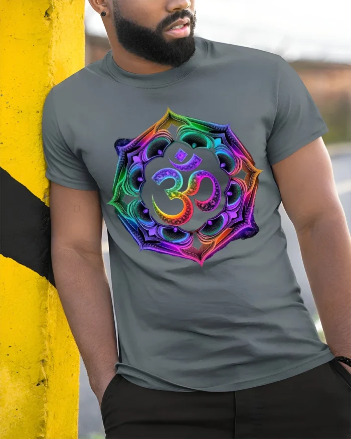 Colorful Om Symbol T-Shirt Chakra Meditation Yoga Zen - model in grey shirt leaning against column