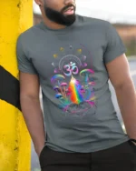 Psychedelic Om T-Shirt Rainbow Shaman Meditation Tee - model in grey shirt leaning against column