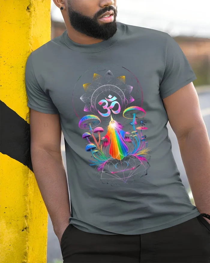 Psychedelic Om T-Shirt Rainbow Shaman Meditation Tee - model in grey shirt leaning against column