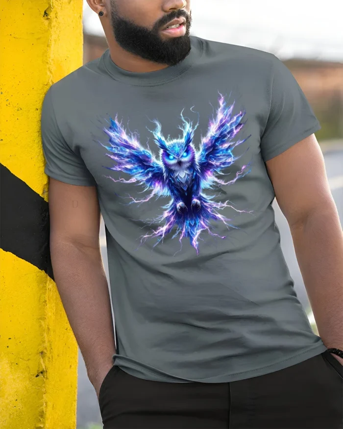 Electric Owl T-Shirt Glowing Bird Graphic Tee for Men - model in grey shirt leaning against column