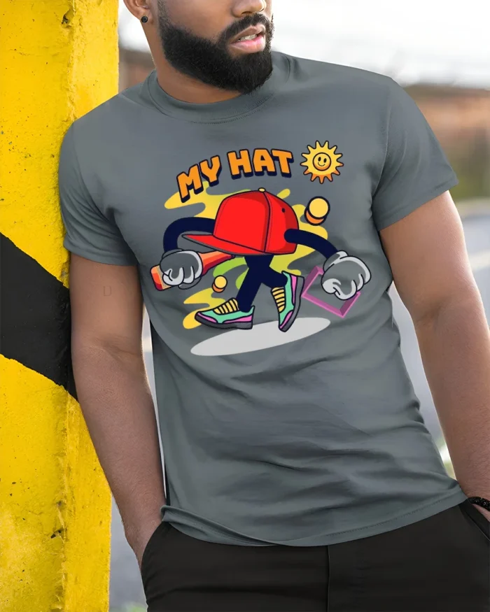 Funky Hat Graphic T-Shirt Playful Hip Hop Style Tee - model in grey shirt leaning against column